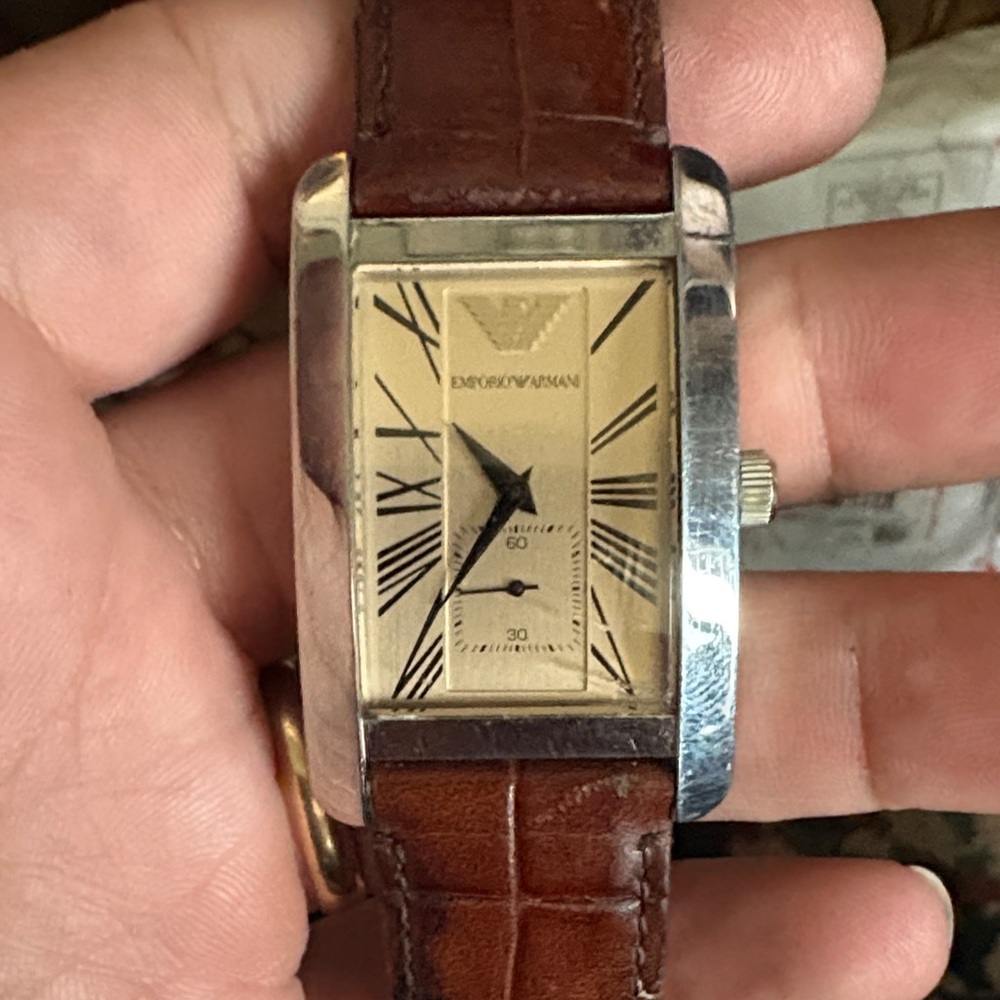 Emporio Armani Silver and Brown Rectangular Watch